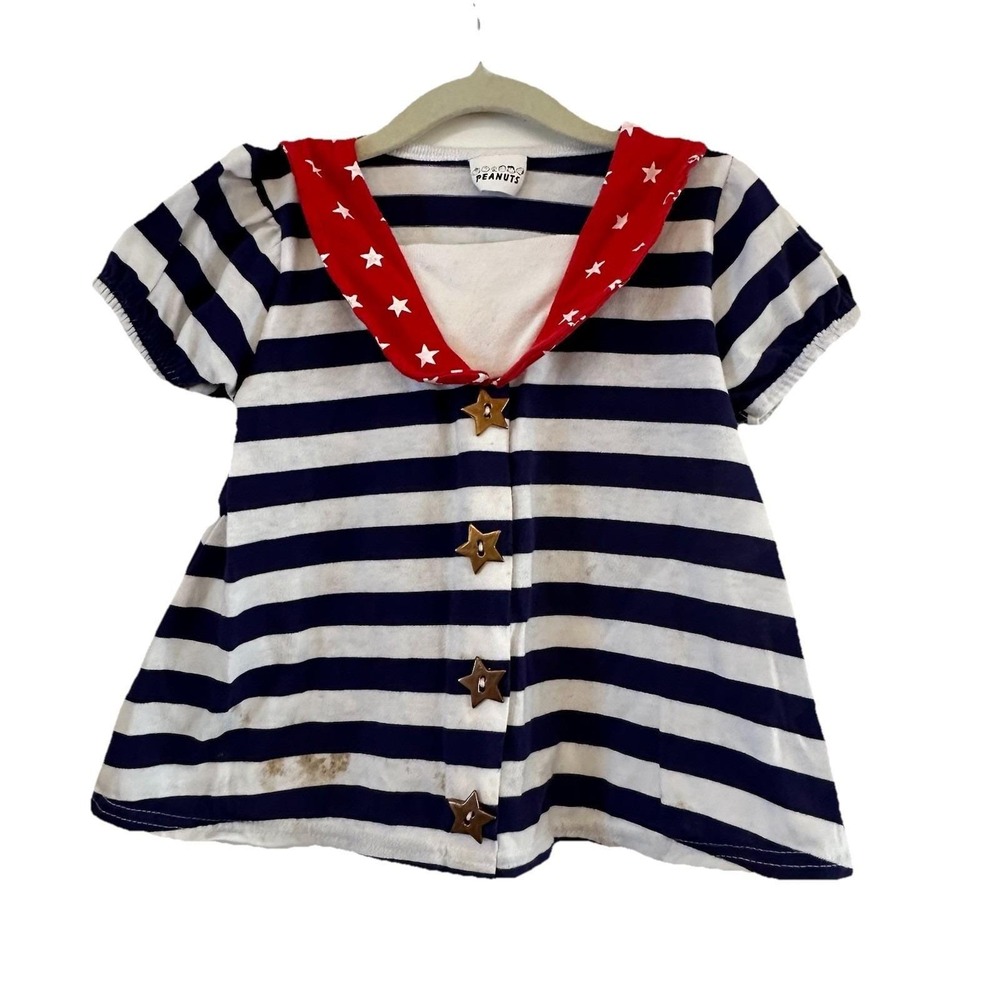 VTG‎ Girls 6 Peanuts Brand Striped Top Shirt Blue Nautical Gold Star Buttons